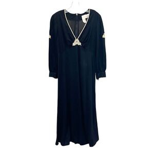 70s Vintage Sears At Home Wear Black Maxi Dress Lace Trim Floral Size 13